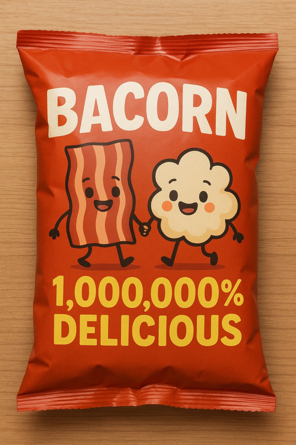 Bacorn bag — burnt-red foil pouch with cream BACORN wordmark, bacon-strip and popcorn-piece cartoon mascots holding hands, and a golden 1,000,000% DELICIOUS badge.